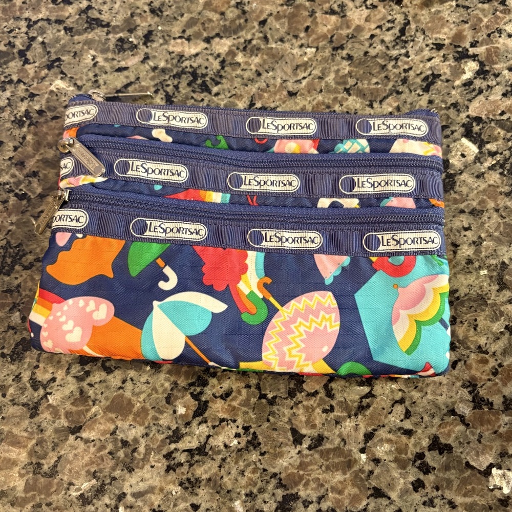 EUC LeSportsac 3-Zip Cosmetic Bag
